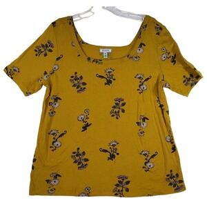 Susina Floral Print Top Square Neck Short Sleeve Casual Tee Yellow Sz MP‎ Petite